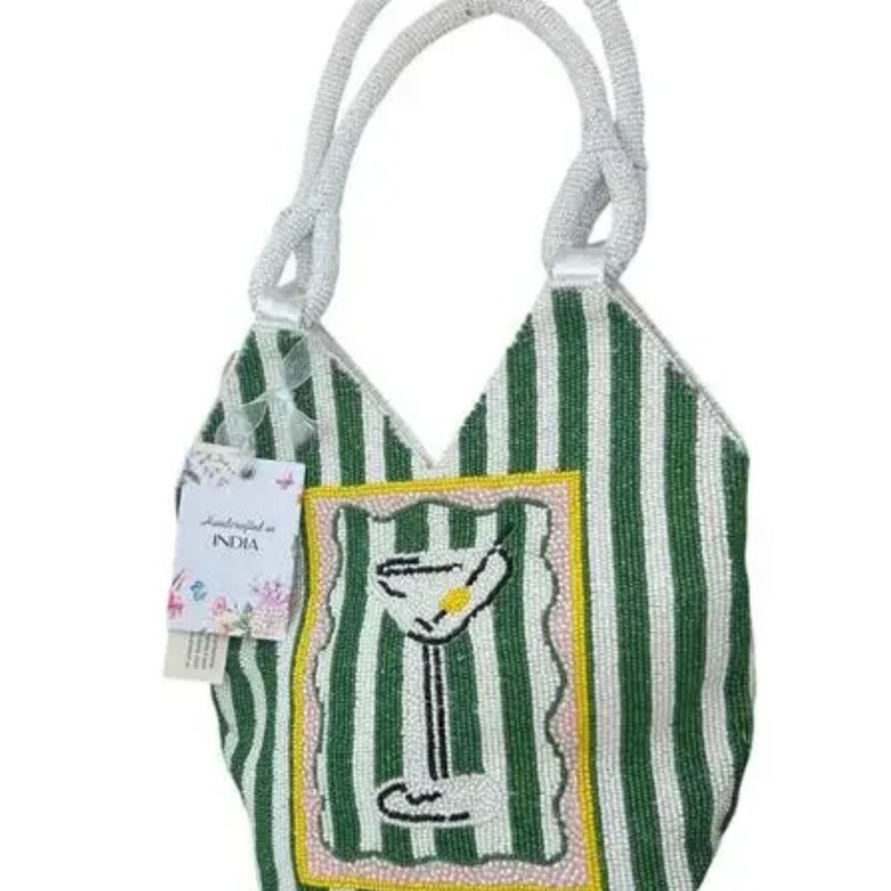 Handcrafted in India Martini Beaded Bag Green & White Striped Tik Tok Viral NWT